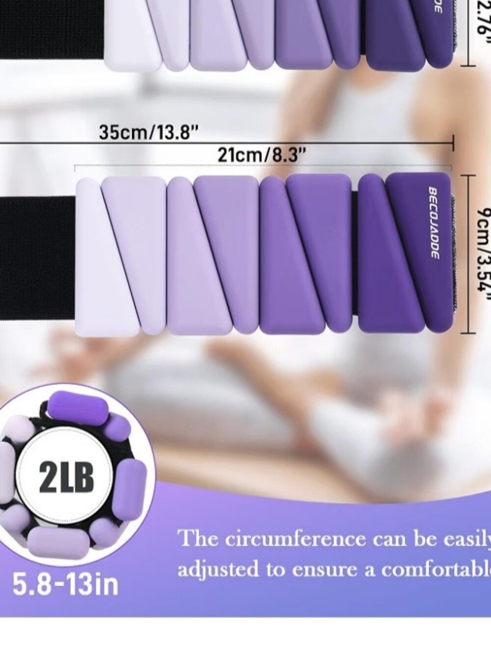 BECOJADDE Workout Ankle & Wrist Weights Adjustable Set of 2 , (2lbs Each) Purple - Picture 5 of 9